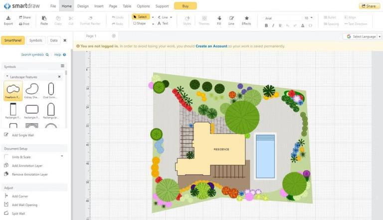 SmartDraw Backyard Design Plans - to narzędzie online, które oferuje wiele szablonów i narzędzi do projektowania ogrodów i krajobrazów.