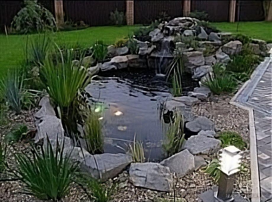 nastrój i klimat wody w ogrodzie - pięknie oświetlone oczko wodne